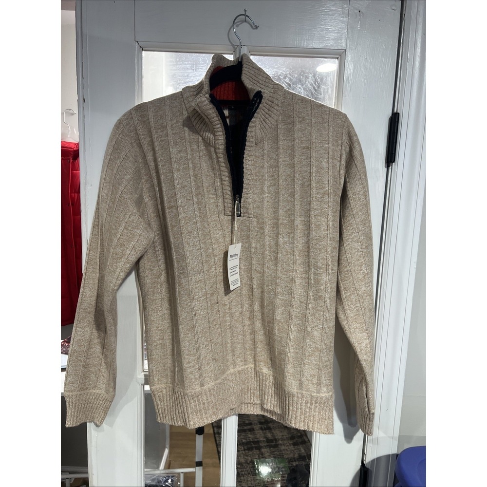 Mens Mylldey Quarter Zip Pullover Sweater Tan Ribbed Knit Size Small